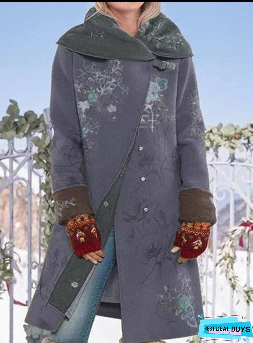 Mid-Length Printed Top and Long-Sleeved Woolen Coat