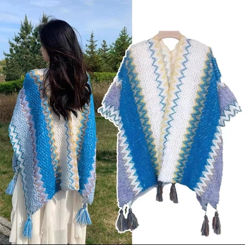 Yunnan Lijiang Travel Outside Knitted Shawl Ethnic Style Vintage Cape Cloak Tassel Scarf For Vacation Wear