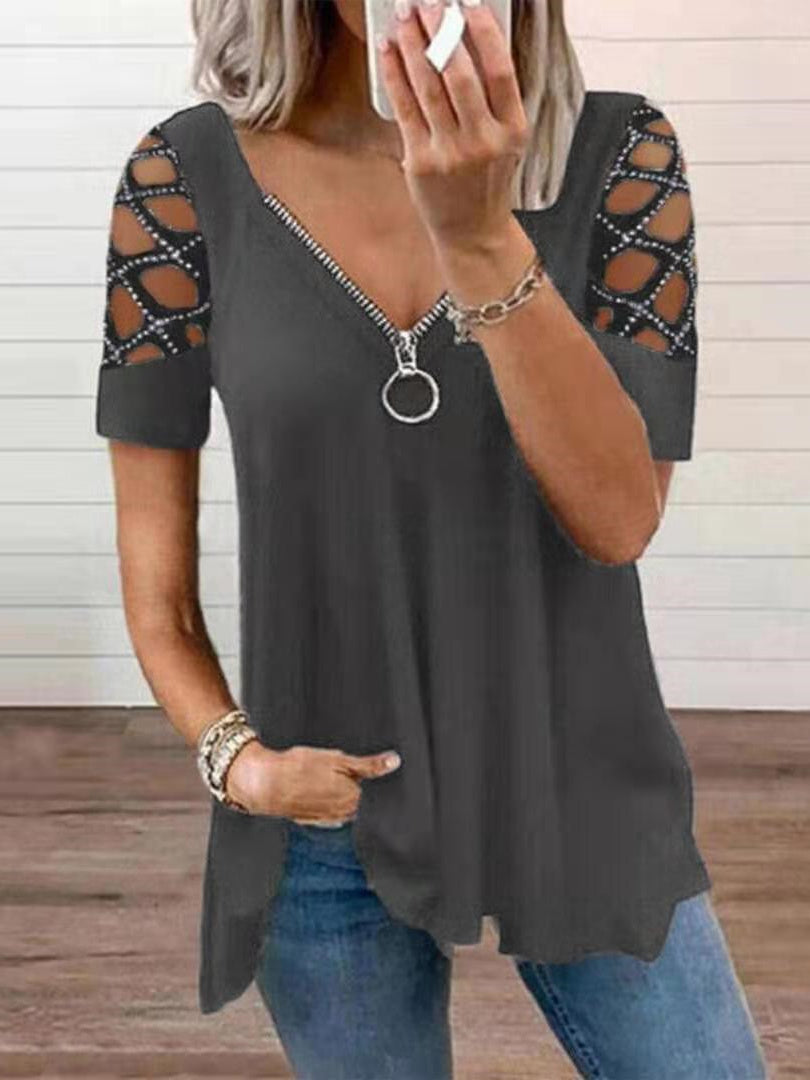 Women Short Sleeve U-neck Stitching Women Tops