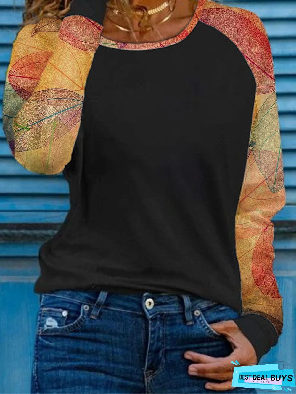 Crew Neck Casual Leaf Loose T-shirt