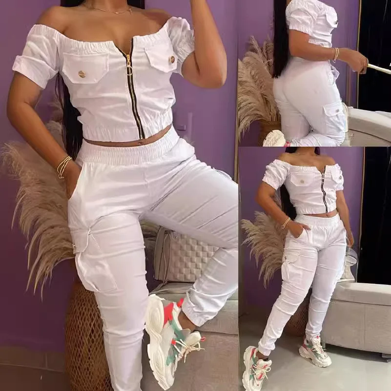 Wongn Wongn Summer Women's White One-Line Shoulder Short Sleeve Bag Jacket Suit Slacks 2 Sets