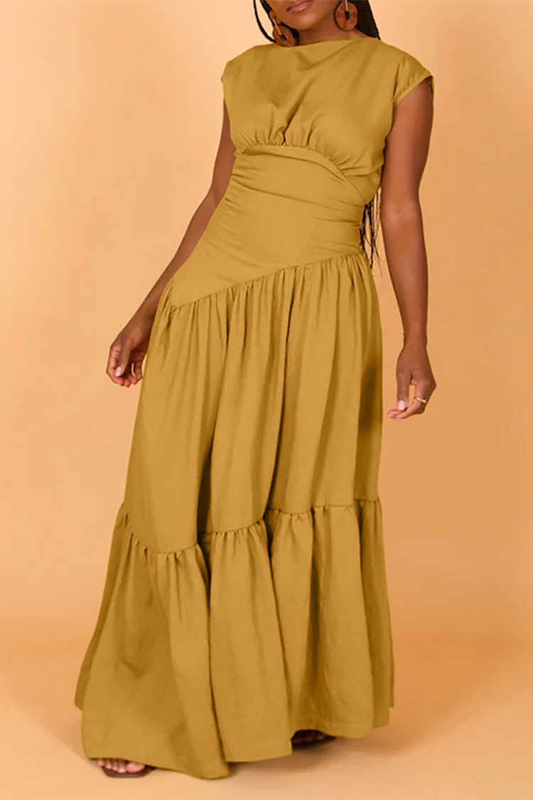 Solid Color Cinch Waist Ruched Sleeveless Maxi Dresses-Yellow