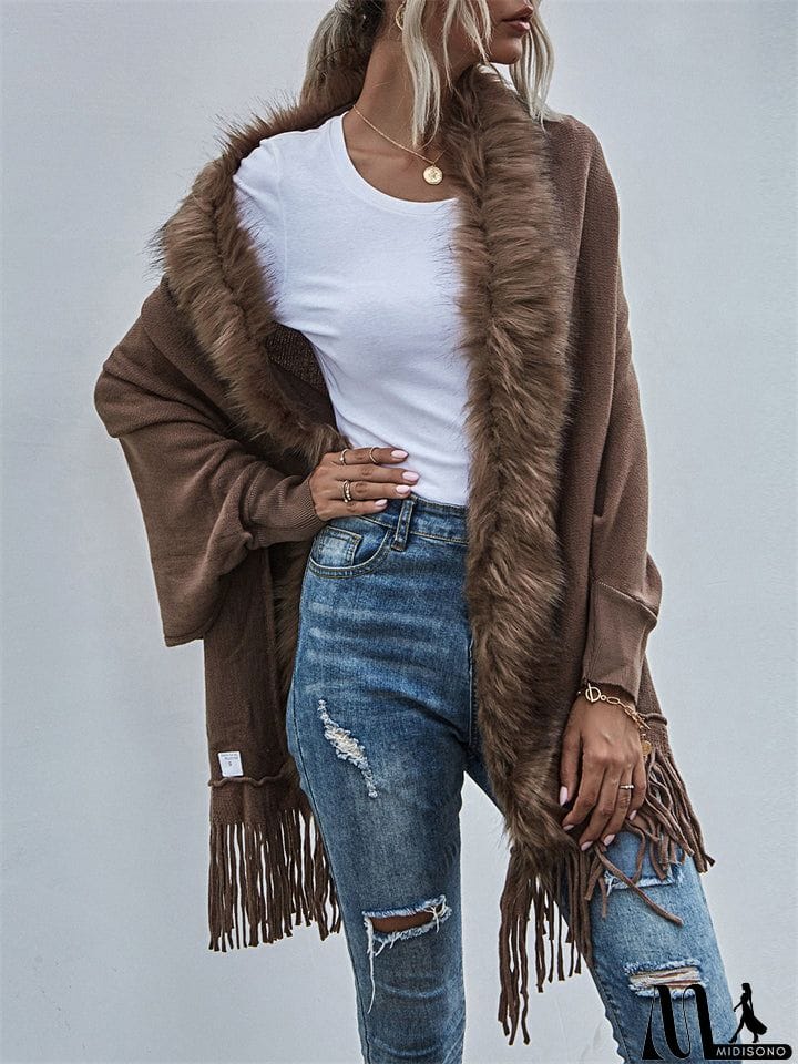 MidiSono - Elegant Lady Fur Collar Tassel Design Batwing Sleeve Cardigan Shawl Sweaters