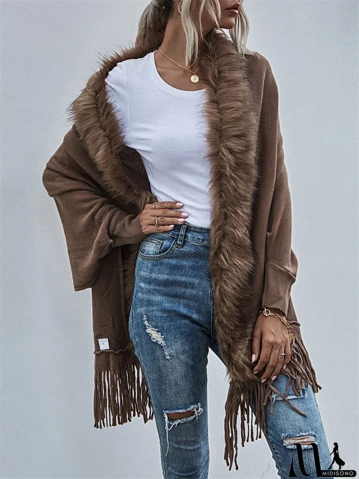 MidiSono - Elegant Lady Fur Collar Tassel Design Batwing Sleeve Cardigan Shawl Sweaters