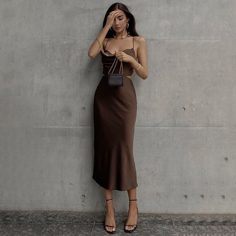 Fantoye Satin Backless Bandage Ruched Women Dress Green Sleeveless Spaghetti Strap Dress Ladies Summer Skinny Streetwear Vestido