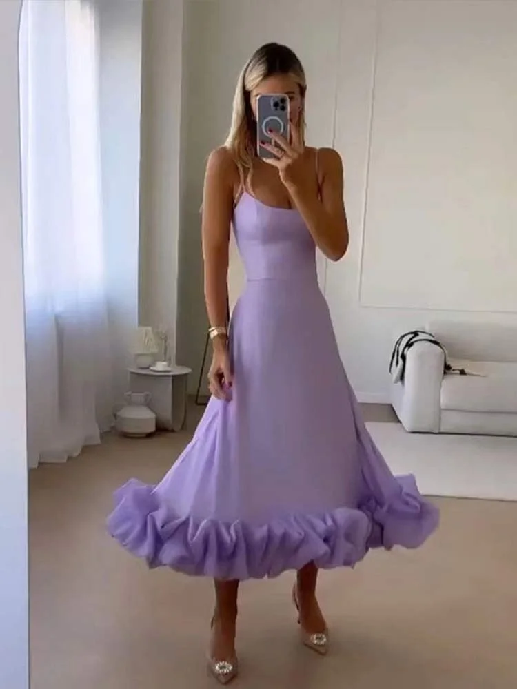 Elegant Solid Color Sling Midi Dress