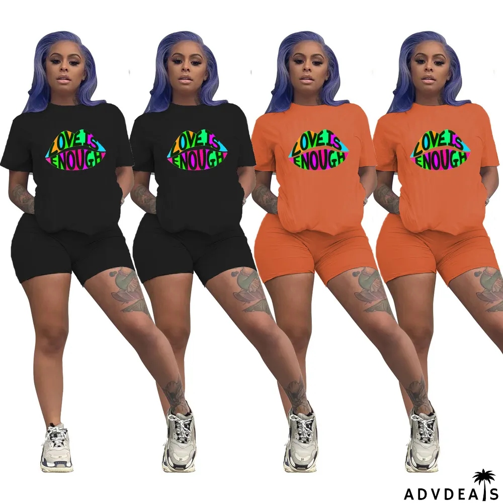 Letter Lips Print Casual Two Piece Shorts Suit
