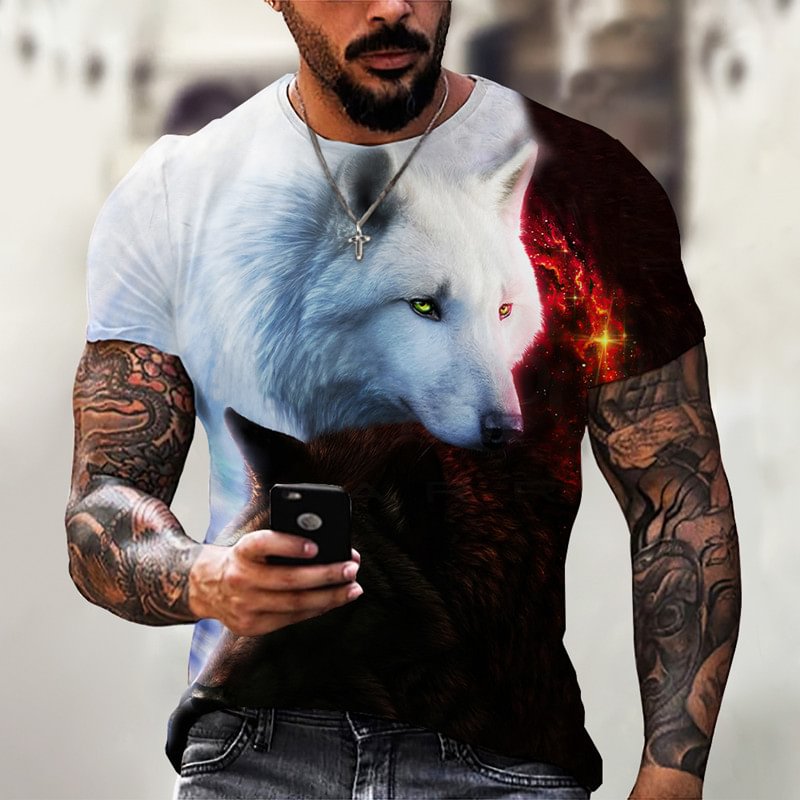 Wolf Print 3D Summer Street Crew Neck Short Sleeves Mens T-Shirts-VESSFUL