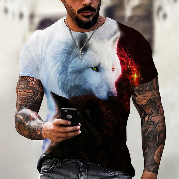 Wolf Print 3D Summer Street Crew Neck Short Sleeves Mens T-Shirts at Hiphopee