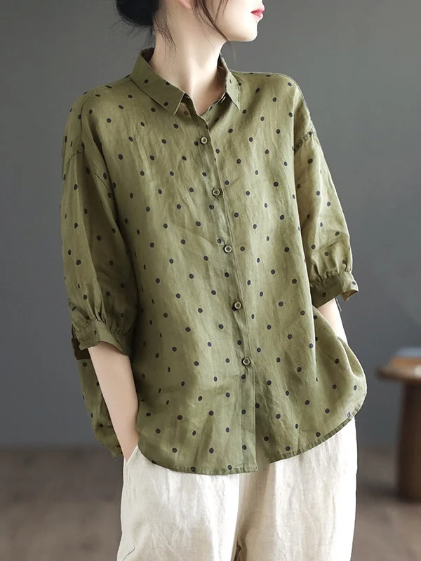 Polka-Dot Half Sleeves Loose Lapel Blouses&shirts Tops