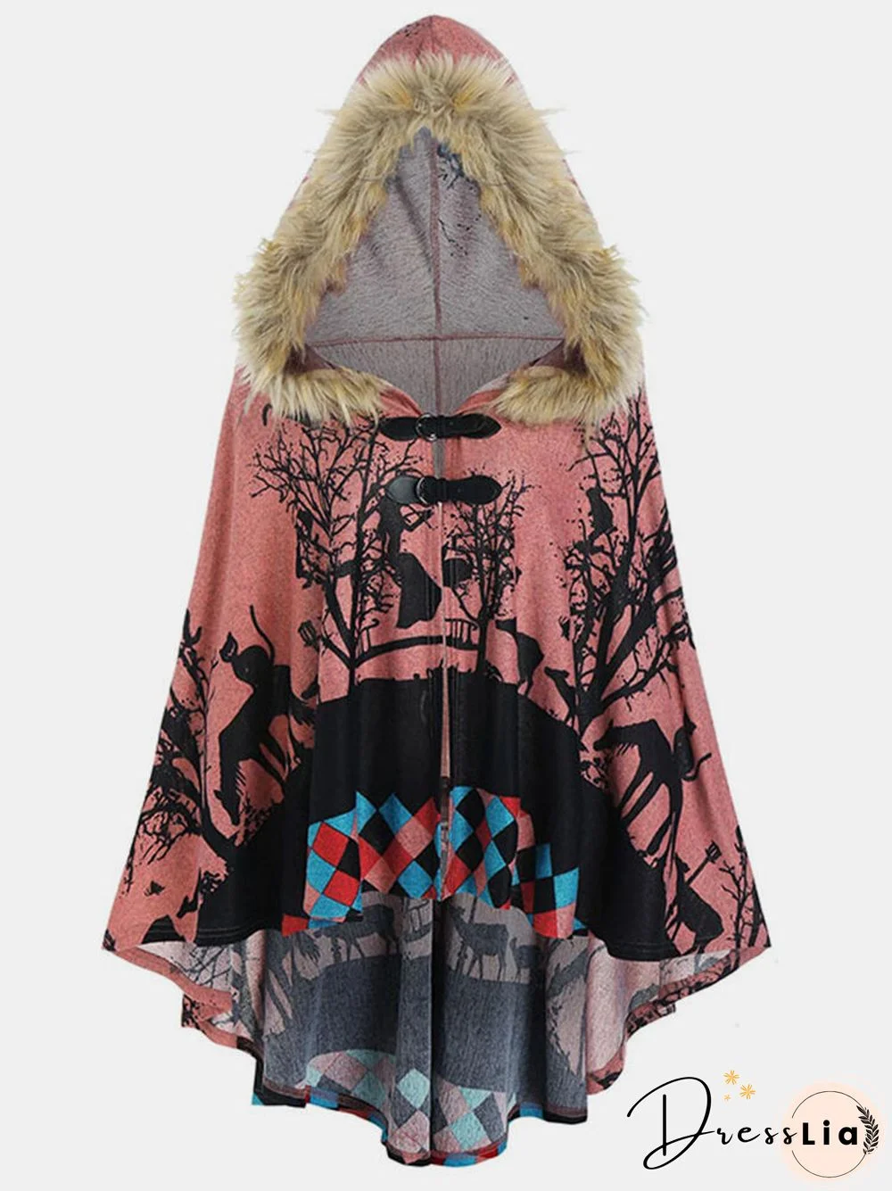 Vintage Printed Dolman Sleeve Hooded Asymmetrical Coat for Women