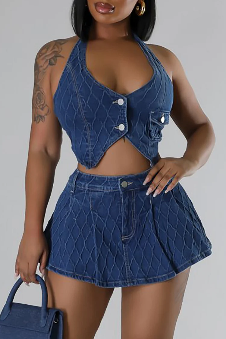 Plaid Pattern Denim Halter Button Up Crop Top A-Line Mini Skirt 2pcs Set-Blue