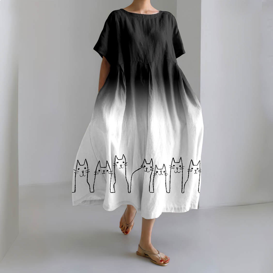 Comstylish Women's Abstract Line Cat Gradient Art Linen Blend Maxi Dress