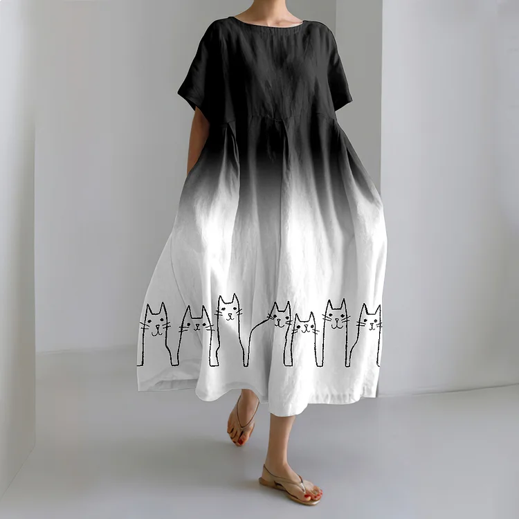 Women's Abstract Line Cat Gradient Art Linen Blend Maxi Dress