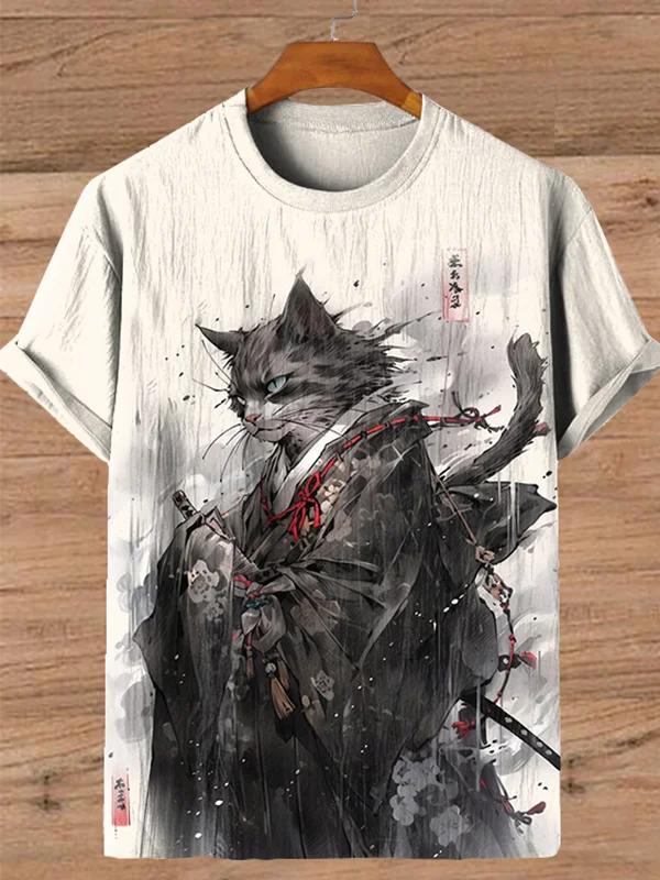 Men's Japanese Kimono Cat Samurai Ink Painting Print Cotton And Linen T-Shirt