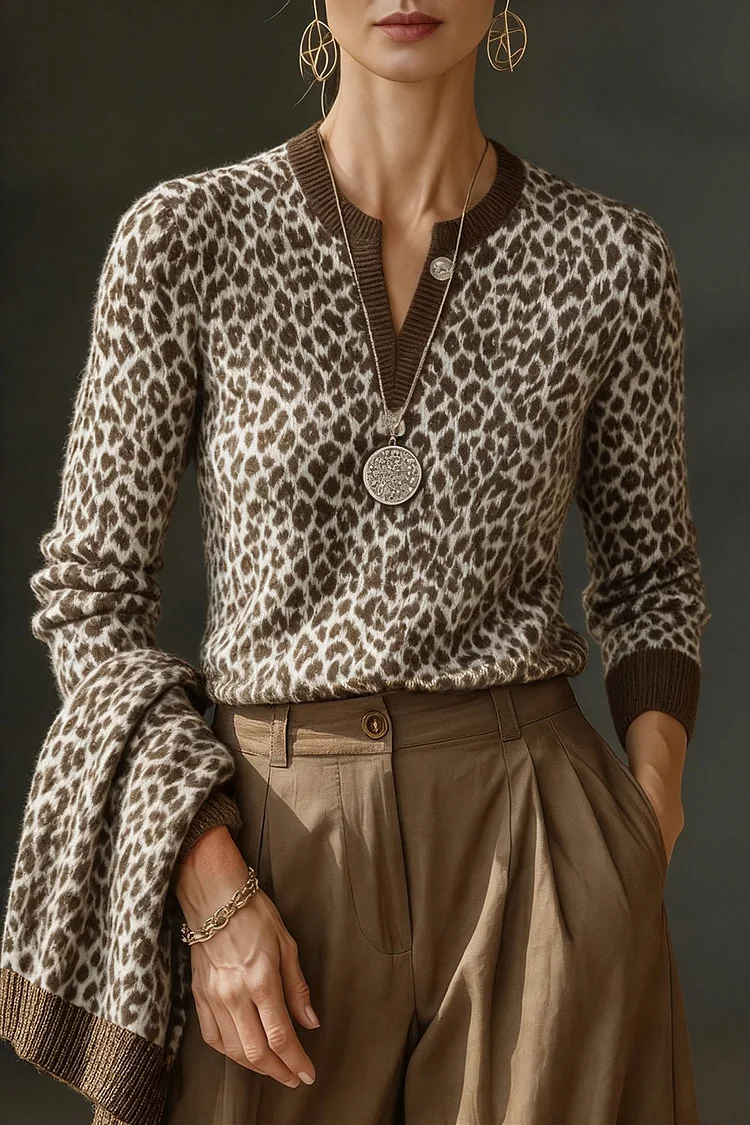 Plus Size Business Casual Khaki Leopard V Neck Long Sleeve Casual Crochet Sweaters 2024 - Xpluswear