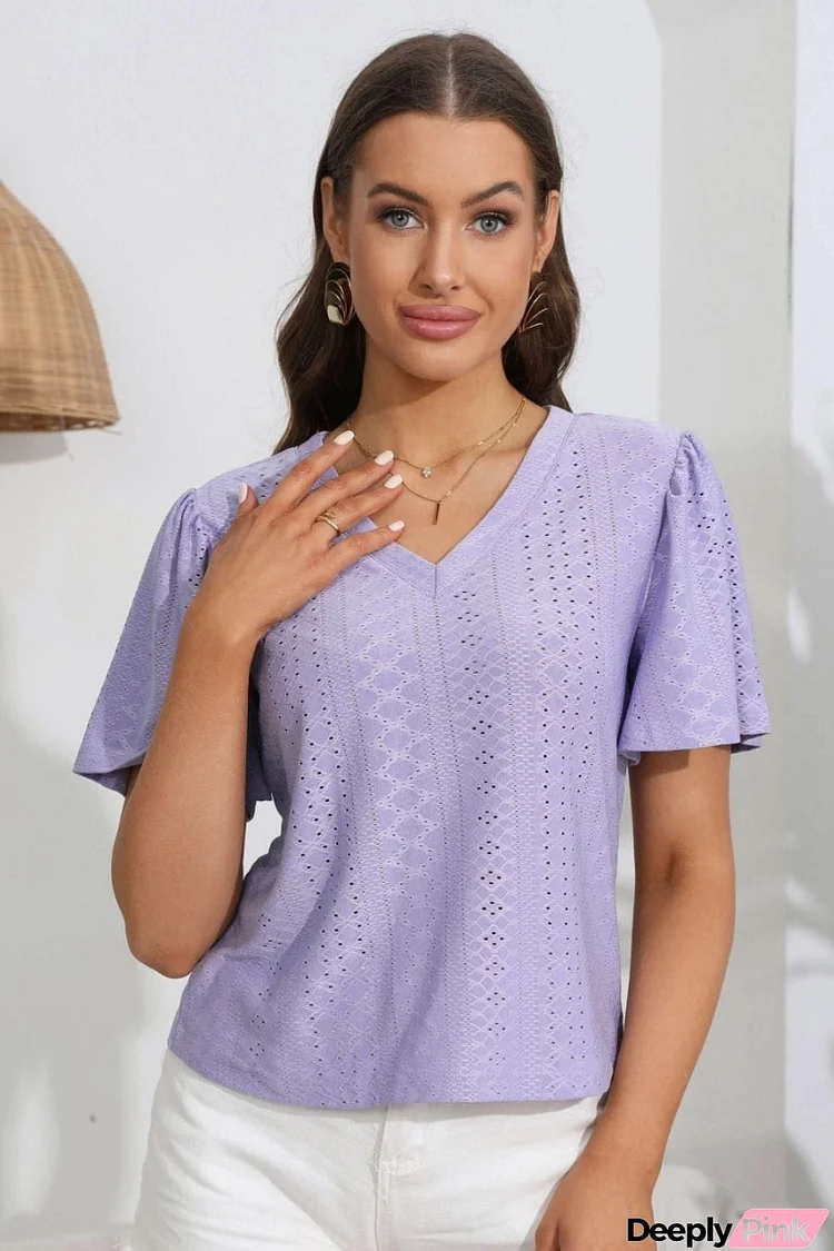 Eyelet V-Neck Flutter Sleeve Top