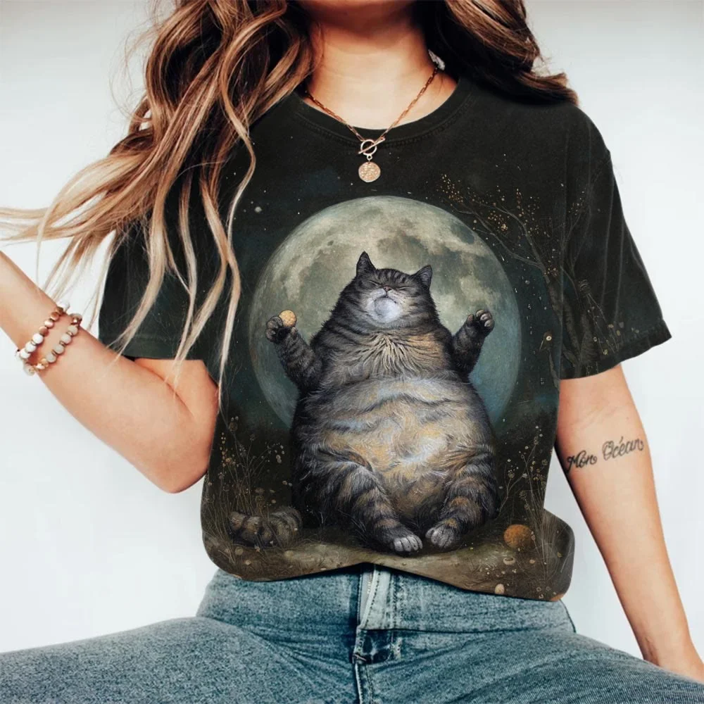 Full Moon Fat Cat Print Casual Crew Neck T-shirt