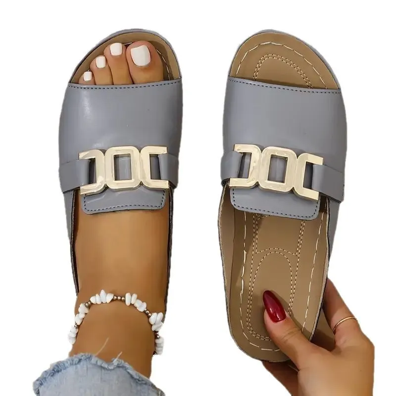 Breakj Breakj And Thick-Bottomed Slippers Women 2025 New Large-Size Casual Fashion Simple Metal Buckle Fish Mouth Sandals