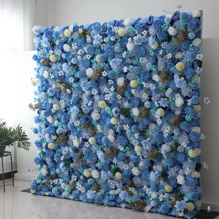 Introduces: Azure Harmony &ndash; A Serene Symphony of Blue & Pale Yellow Fabric Blooms &ndash; Ideal Floral Wall for Nautical Themes, Events & Tranquil Interior Ambiances-VF-219-2