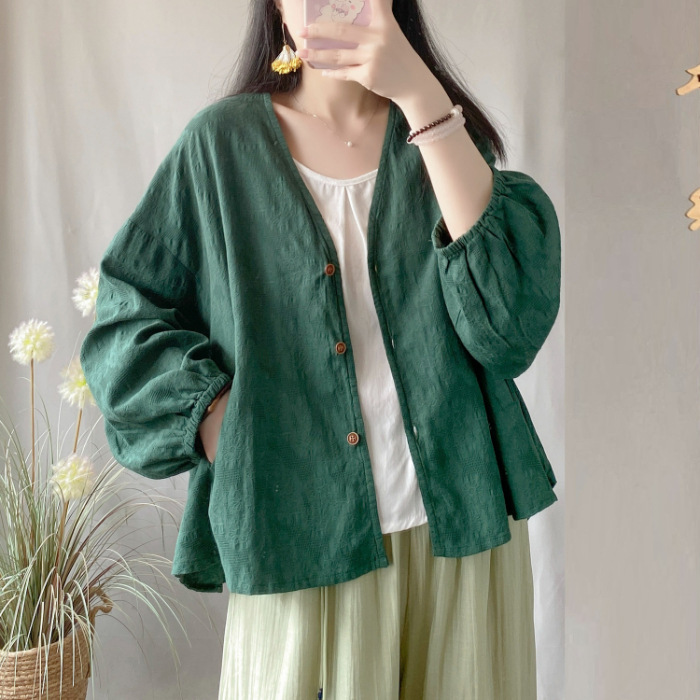 Iplaynox Spring New Women Jacquard Cotton and Linen Cardigan Tops Chinese Style Vintage Long Sleeved V-neck Large Size Loose Casual Shirt