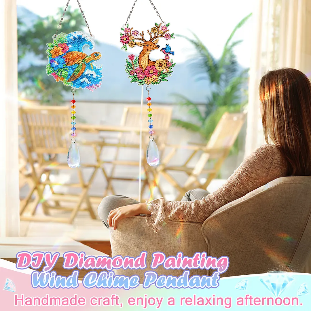 2Pcs Sea Turtles and Elk DIY Double-Sided Diamond Painting Hanging Kits Diamond Painting Suncatcher Craft Kit for Home Garden Wall Decor Gift