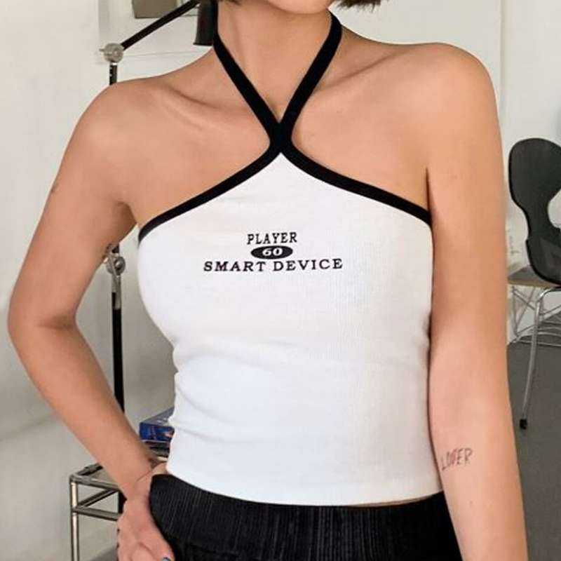 Mapsjack White Sleeveless Y2k Graphic Summer Sexy Crop  Tops Women Backless Lacing Camis Bralette Spaghetti Strap Tank Cropped Camisole Tops