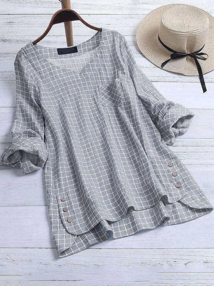 Checkered Cotton And Linen Mini V Neck Dress