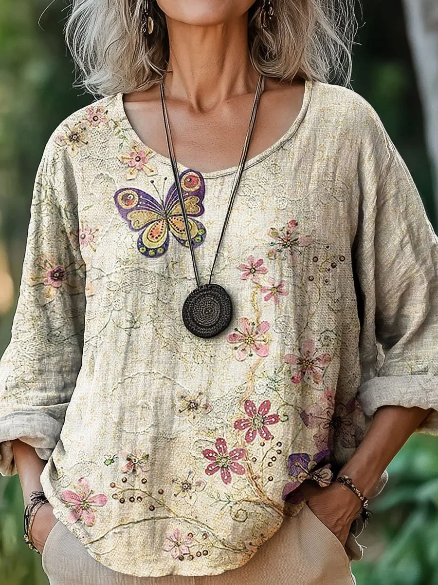 Women's Vintage Butterfly Floral Art Print Casual Cotton And Linen Shirt