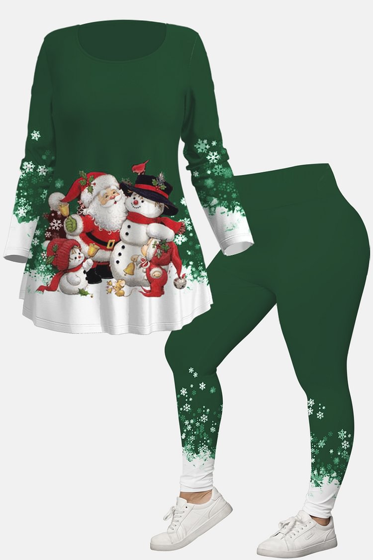 Flycurvy Plus Size Christmas Green Santa Claus Snowman Ombre Snowflake Print Two Piece Pant Set  flycurvy [product_label]