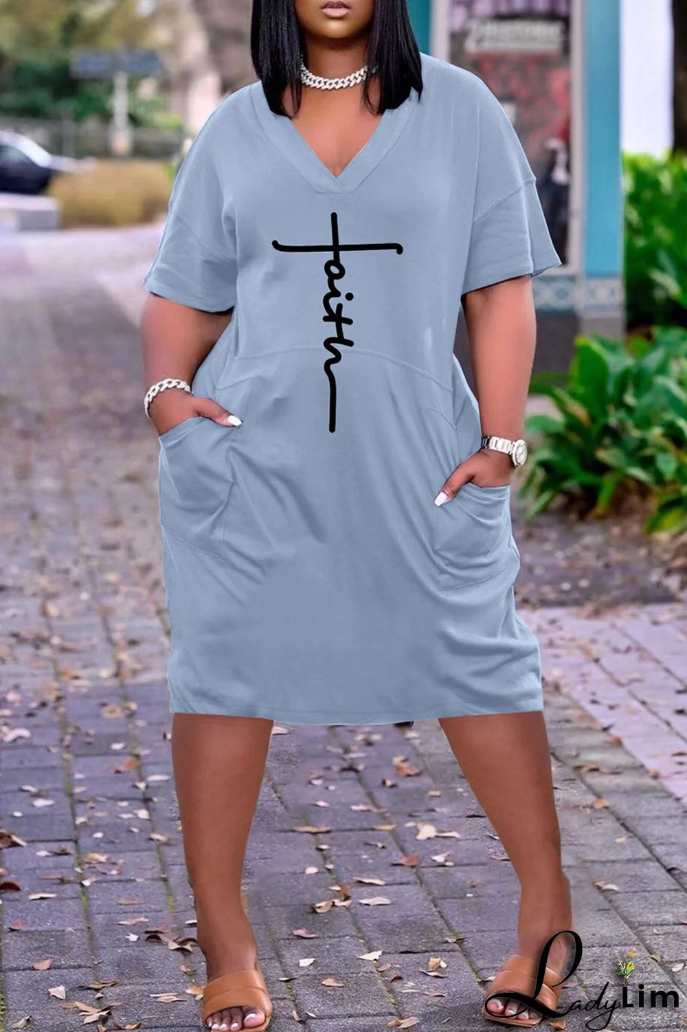 Red Fashion Casual Print Basic V Neck Short Sleeve Dress