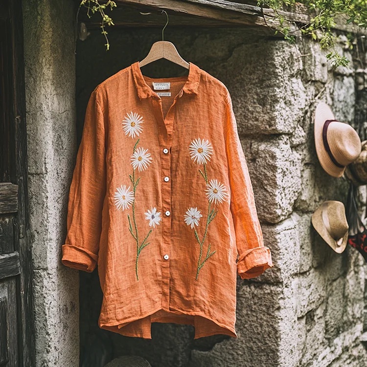 Bohemian Holiday Style Linen Floral Print  Long Sleeve Shirt