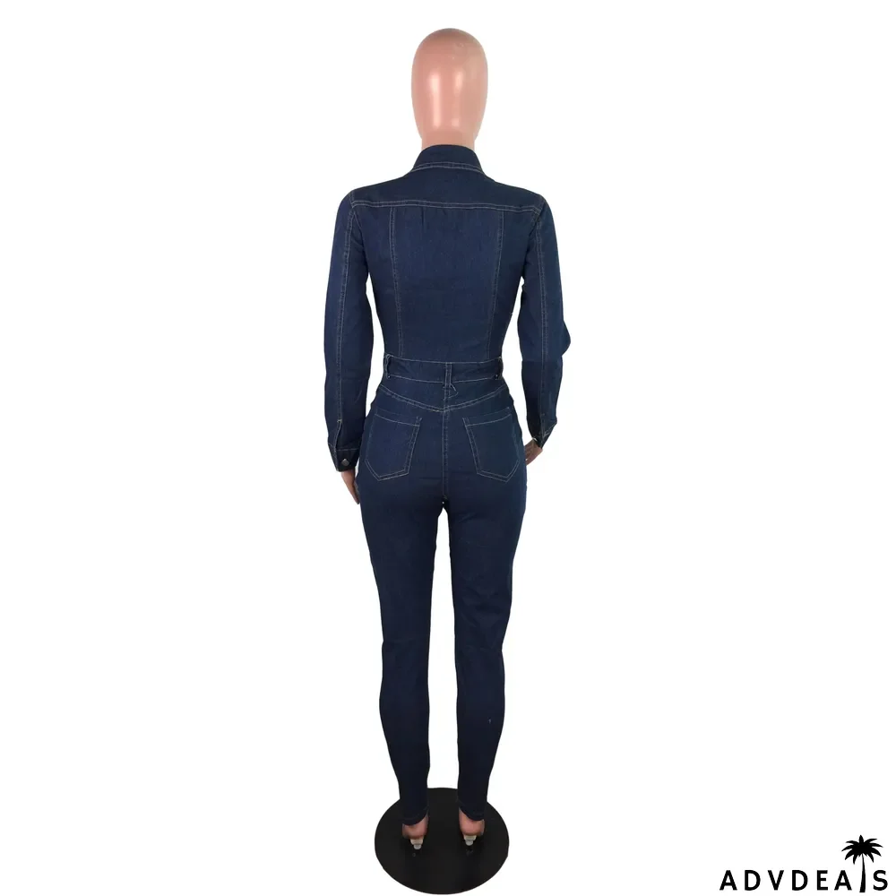 Winter Formal Blue Button Up Denim Jumpsuit