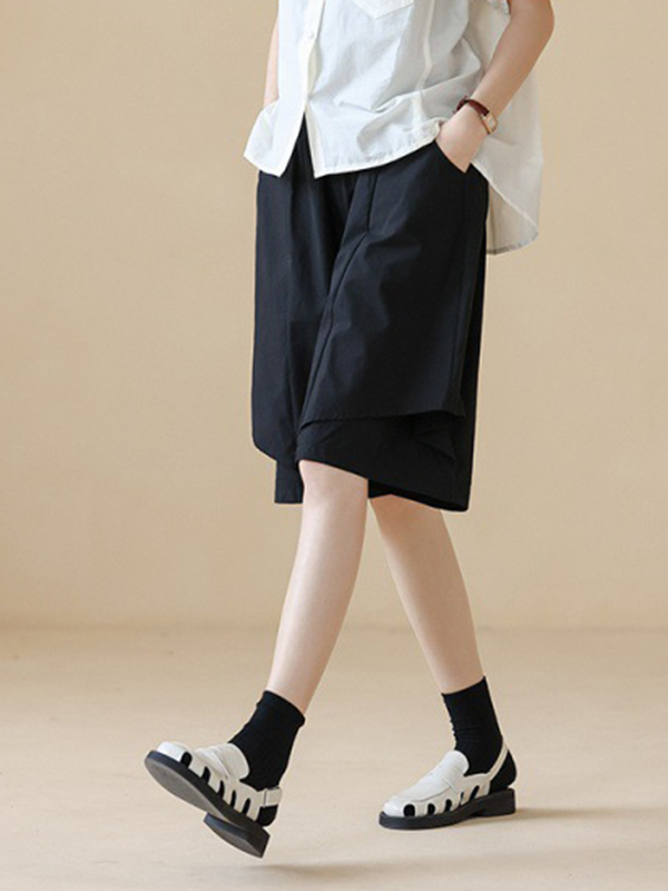 Irregular Elastic Waist Wide Leg Solid Color Short Pant