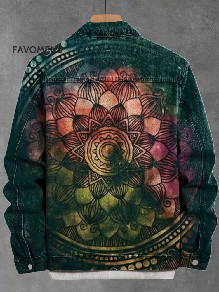Men’s Creative Mandala Vintage Print Casual Denim Jacket Multicolor / S