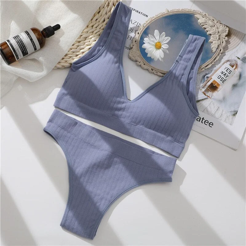 FINETOO Padded Bra Set Women Backless Tops Seamless Panties Female Deep V Bralette M-XL Wireless Bras Suit Ladies Lingerie 2021