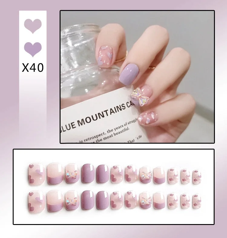 24Pcs/Set French Rhombus Designs False Nail Full Cover Fake Nails with Glue Detachable Wearable DIY Manicure Nail Art Tools-Nail Inspo