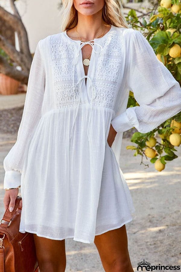 Fashion Solid Color Long Sleeved V-neck Loose Casual Dress