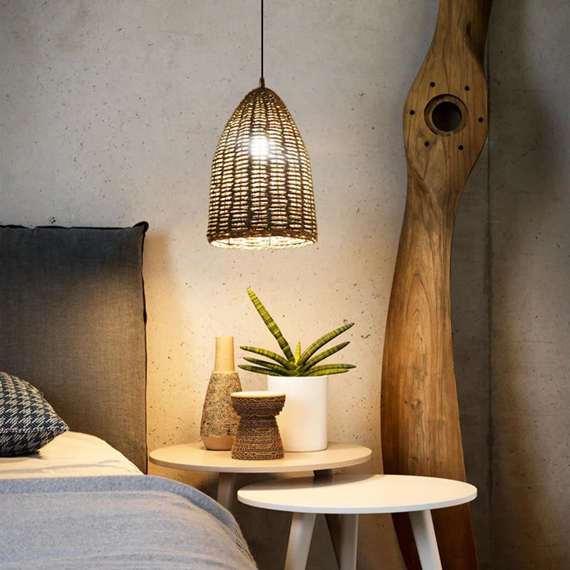 Rattan Bell Pendant Light Rustic Hanging Lampshade For Bedroom