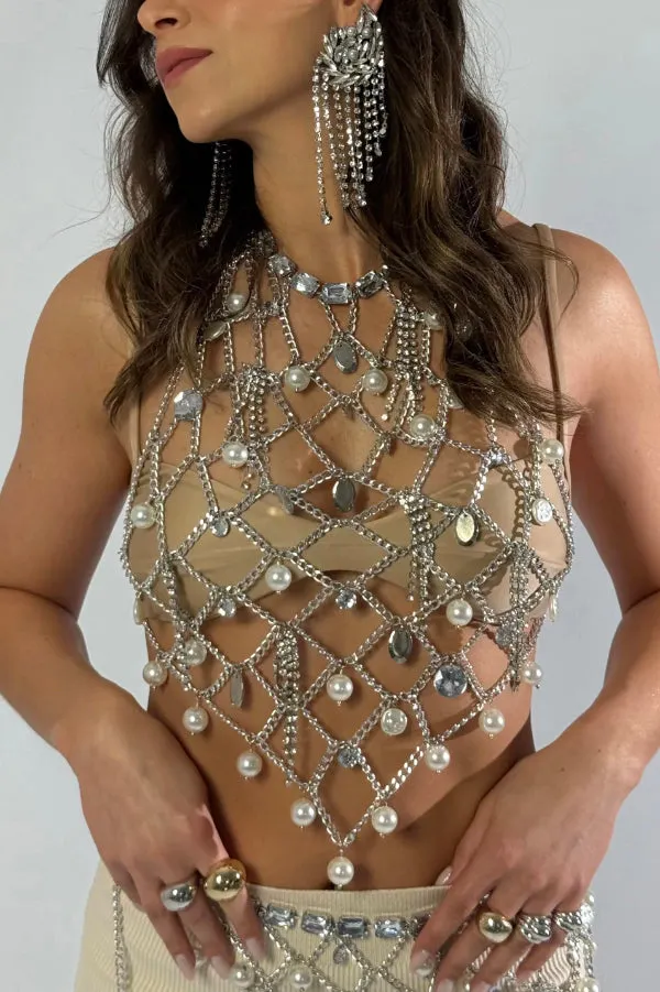 Fashionable Pearl and Diamond Embellished Mesh Openwork Body Chain