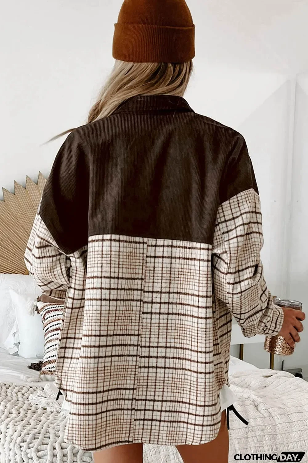 Brown Plaid Patchwork Button-up Shift Shirt Jacket