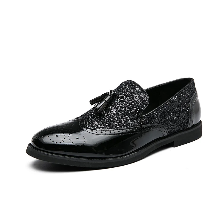 Sheen Metallic Finish PU Leather Hollow Out Patchwork Sequins Tassels Decor Loafers Shoes