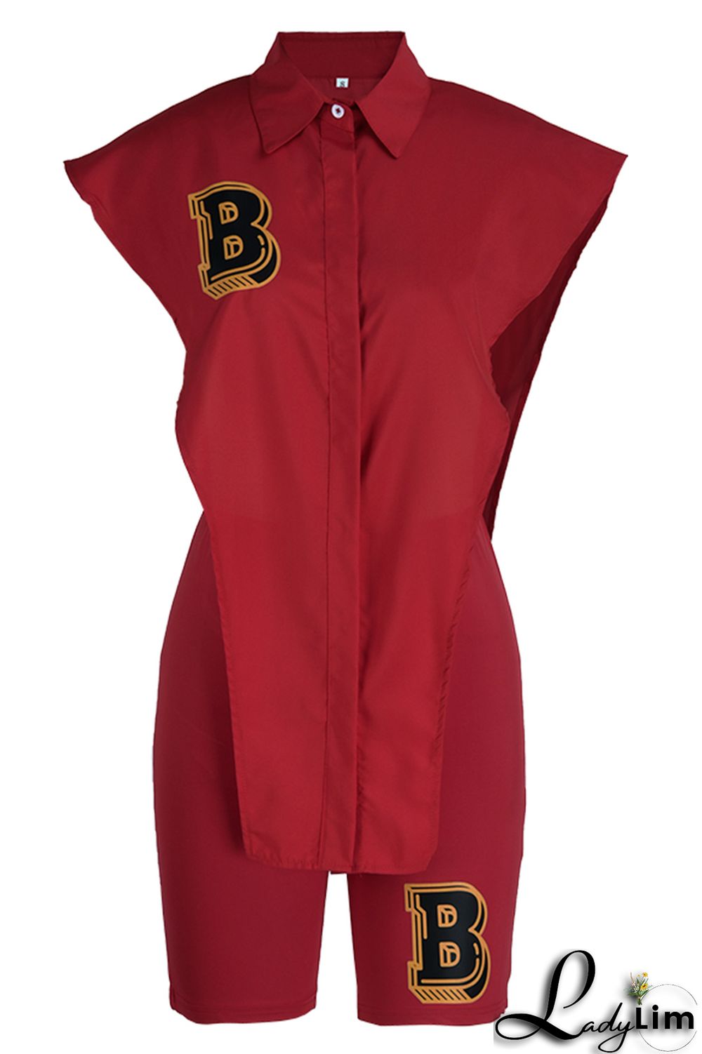 Red Fashion Casual Letter Print Asymmetrical Turndown Collar Sleeveless Two Pieces