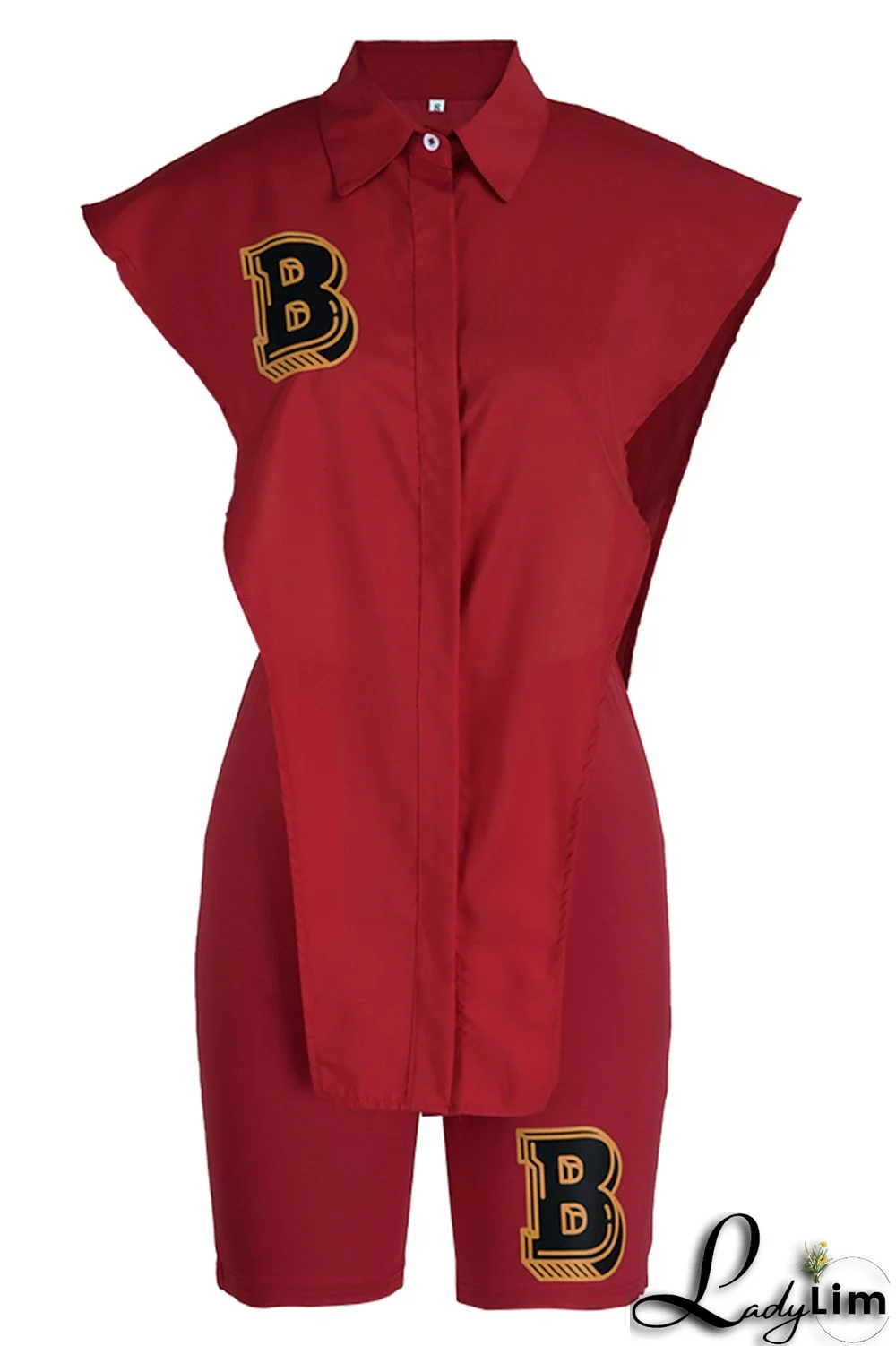 Red Fashion Casual Letter Print Asymmetrical Turndown Collar Sleeveless Two Pieces