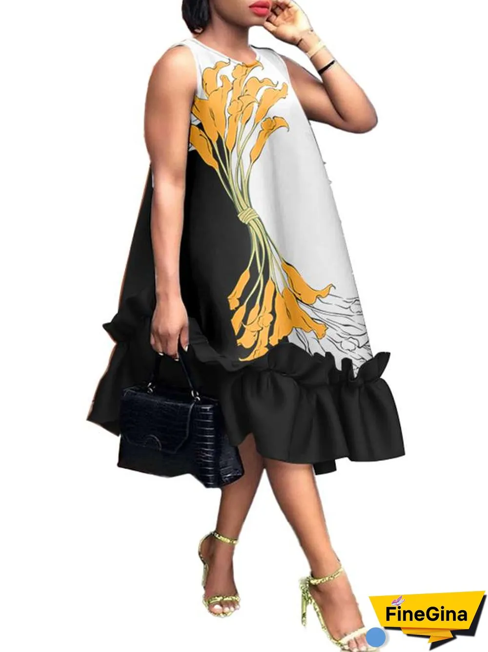 Women Elegant Midi Dress Summer Party Long Dresses VONDA Sexy Sleeveless Fashion Beach Floral Print Ruffled Tank Vestidos