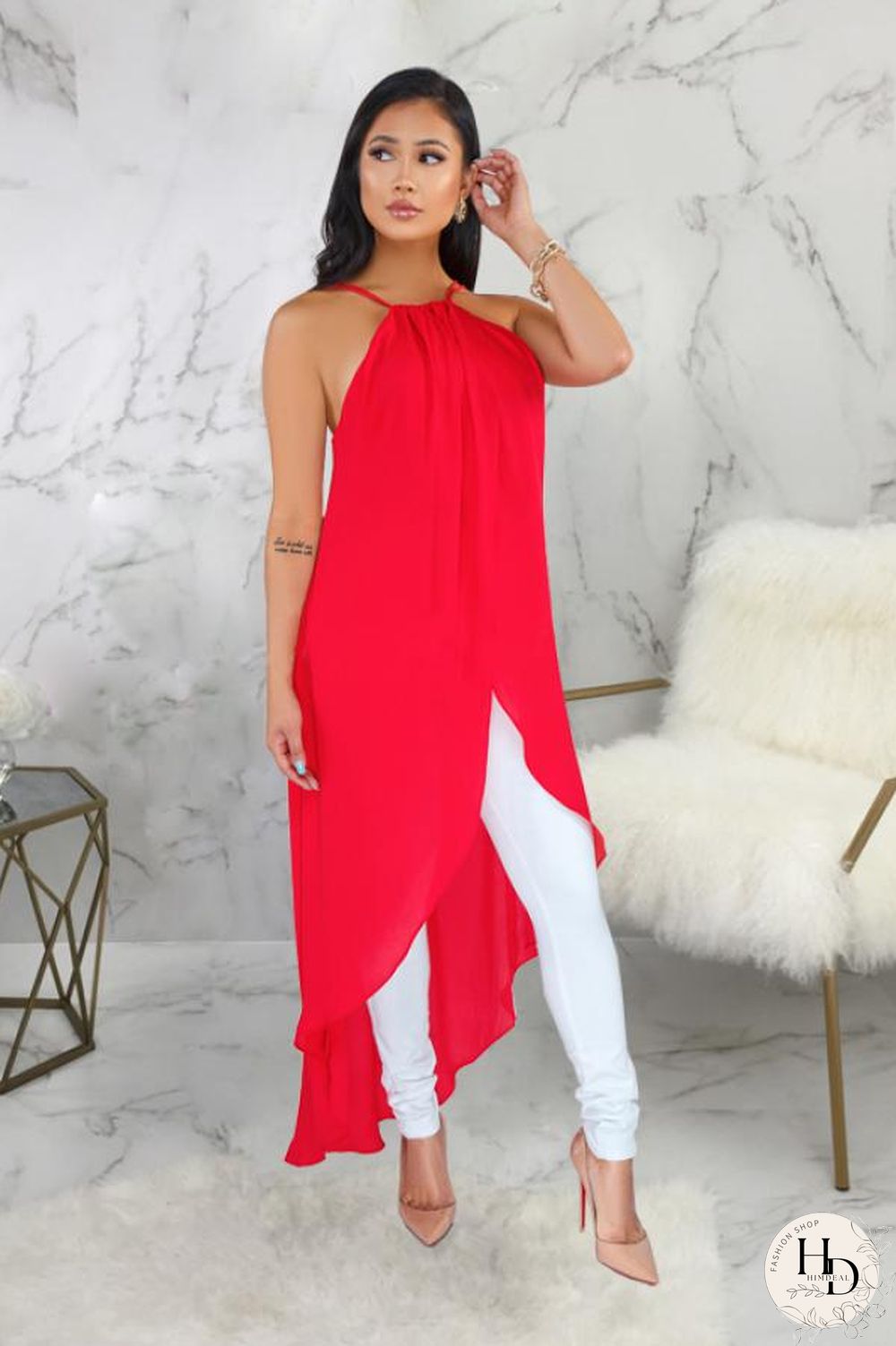 Red Polyester Sexy Fashion Tank Sleeveless O neck Asymmetrical Ankle-Length Patchwork Solid asymmetrical