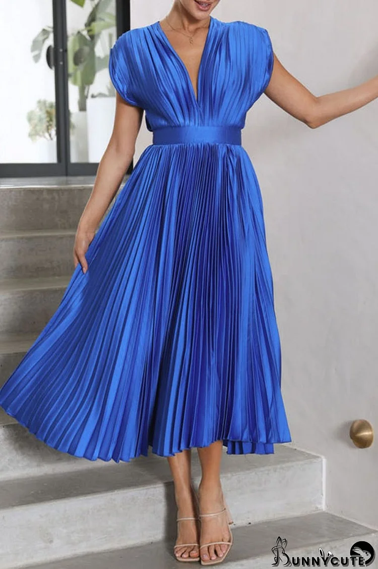 Blue Casual Solid Patchwork V Neck Pleated Dresses