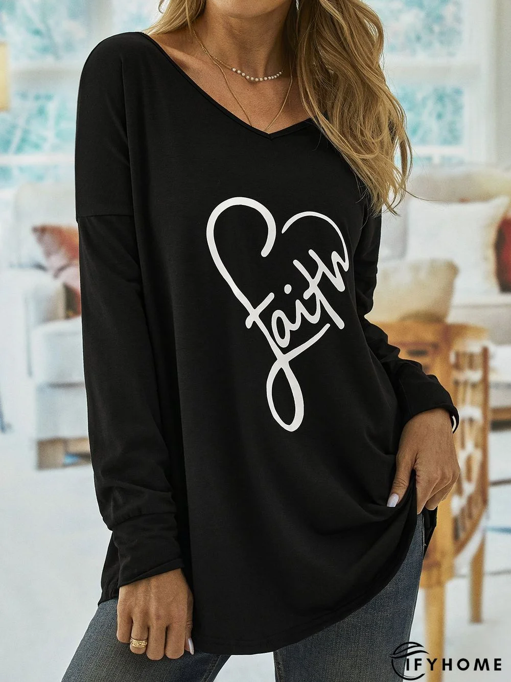 Casual Long Sleeve V Neck Printed Top Tunic T-Shirt | IFYHOME