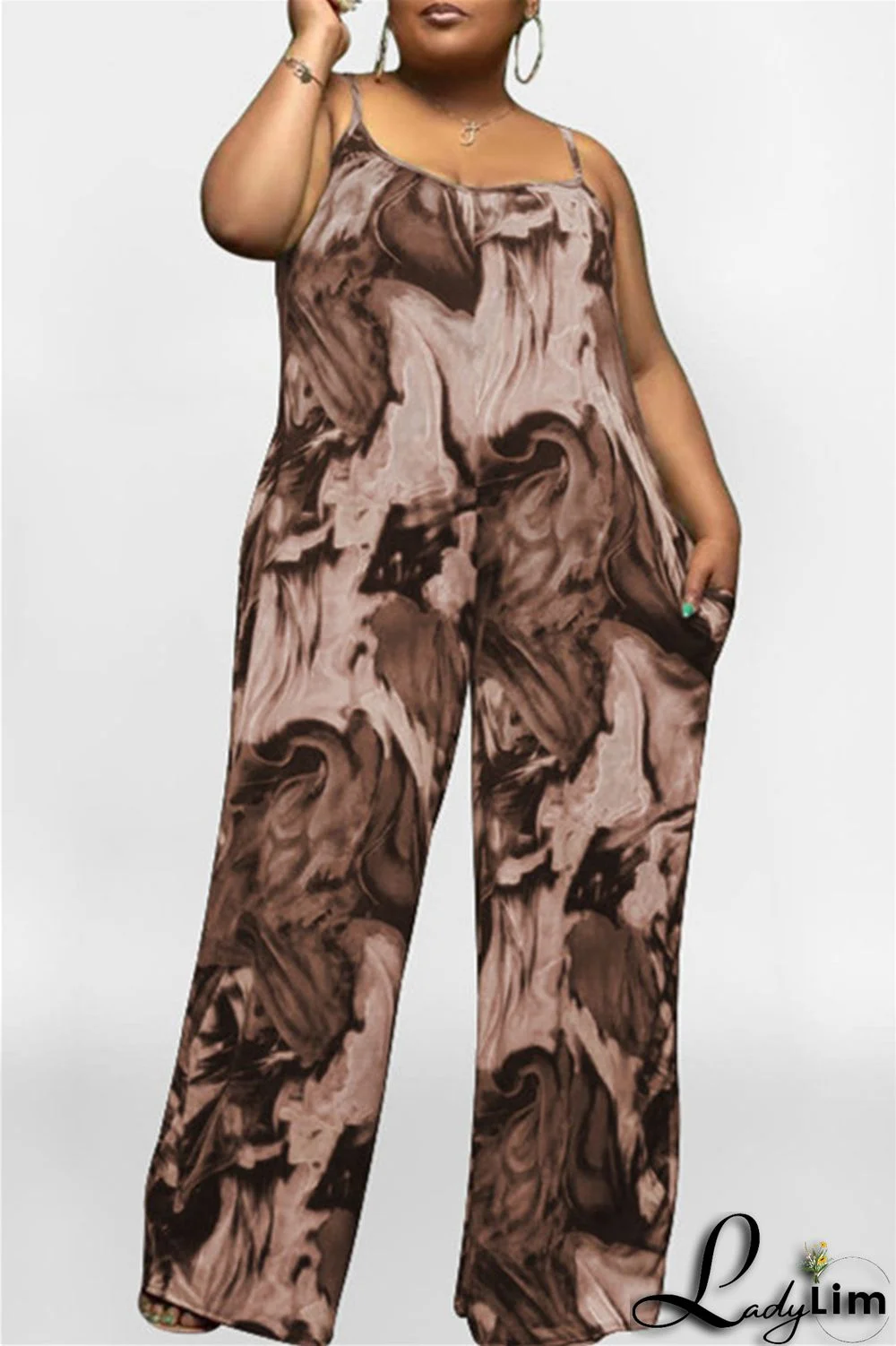 Coffee Sexy Casual Print Backless Spaghetti Strap Plus Size Jumpsuits