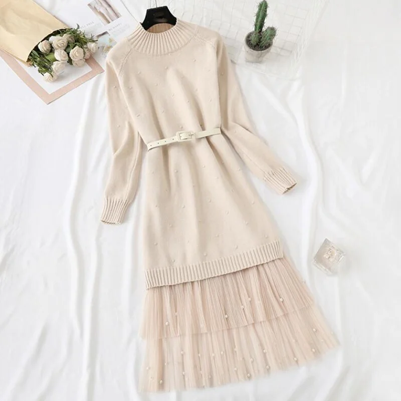 Elegant O-neck women knitted dress suits Autumn winter Long sleeve With belt Sweater tops + sweet Mesh skirt 2 pieces set women